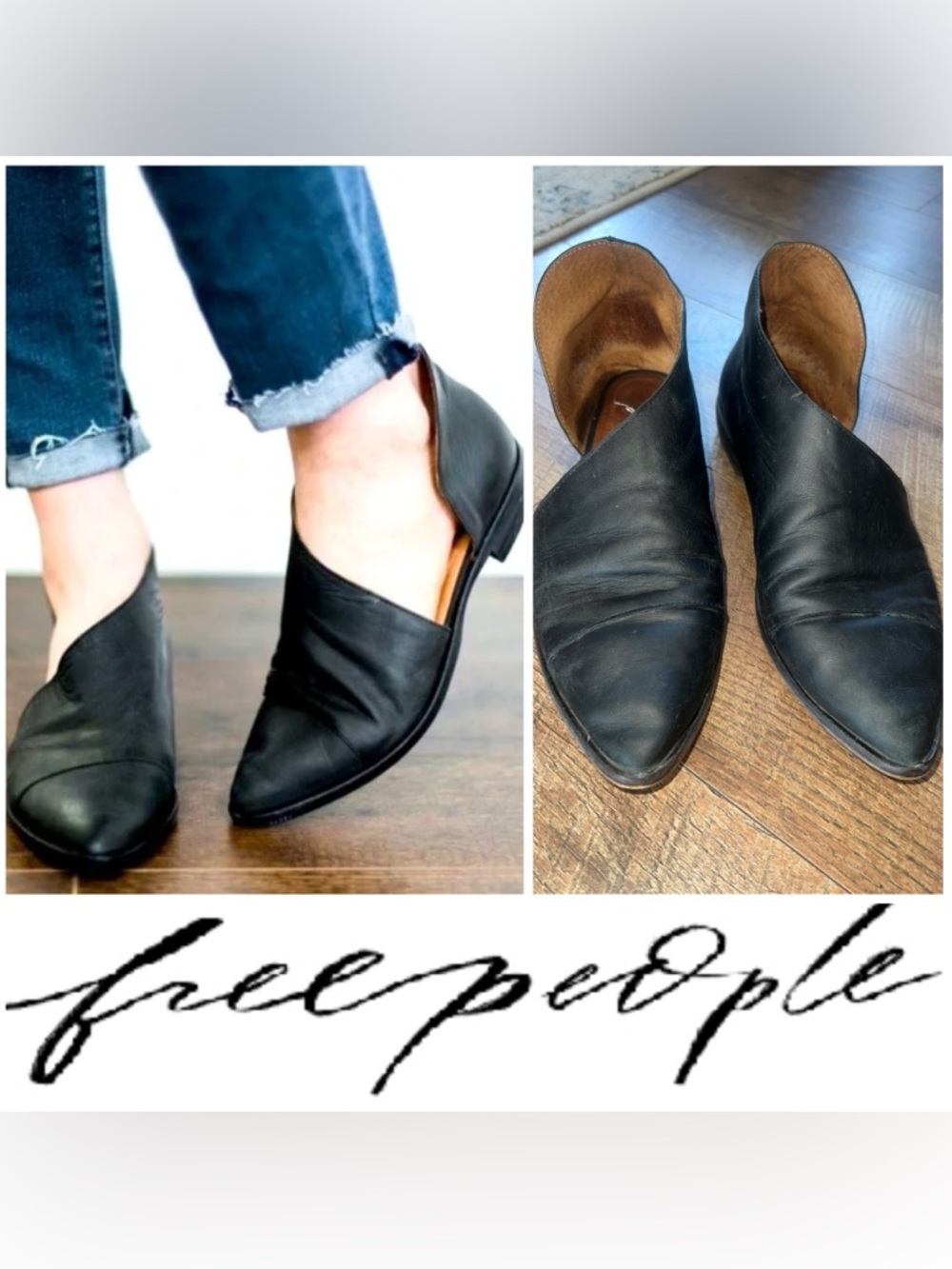 Free People Royale Black/Grey Leather Pointed Slip-On Flat Shoes Size 39.5 (9.5)